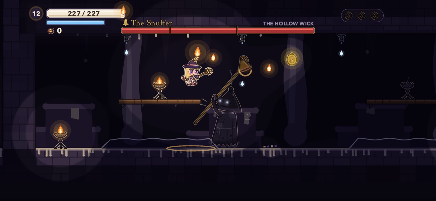 A boss fight in a dark hall of candles: the Snuffer, a hooded figure with a long snuffer pole, swings at a small witch who leaps above him with her staff.