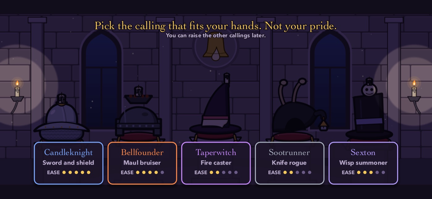 Five helmets and hats on plinths in a candlelit hall: Candleknight, Bellfounder, Taperwitch, Sootrunner and Sexton.