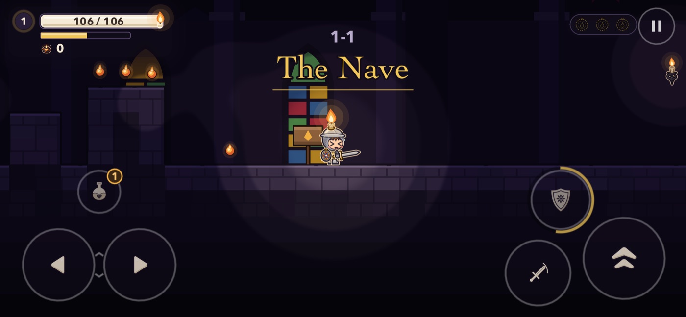 Waxby, a small knight with a candle on his helmet, stands in a dark cathedral nave under stained glass. His candle lights a ring around him.