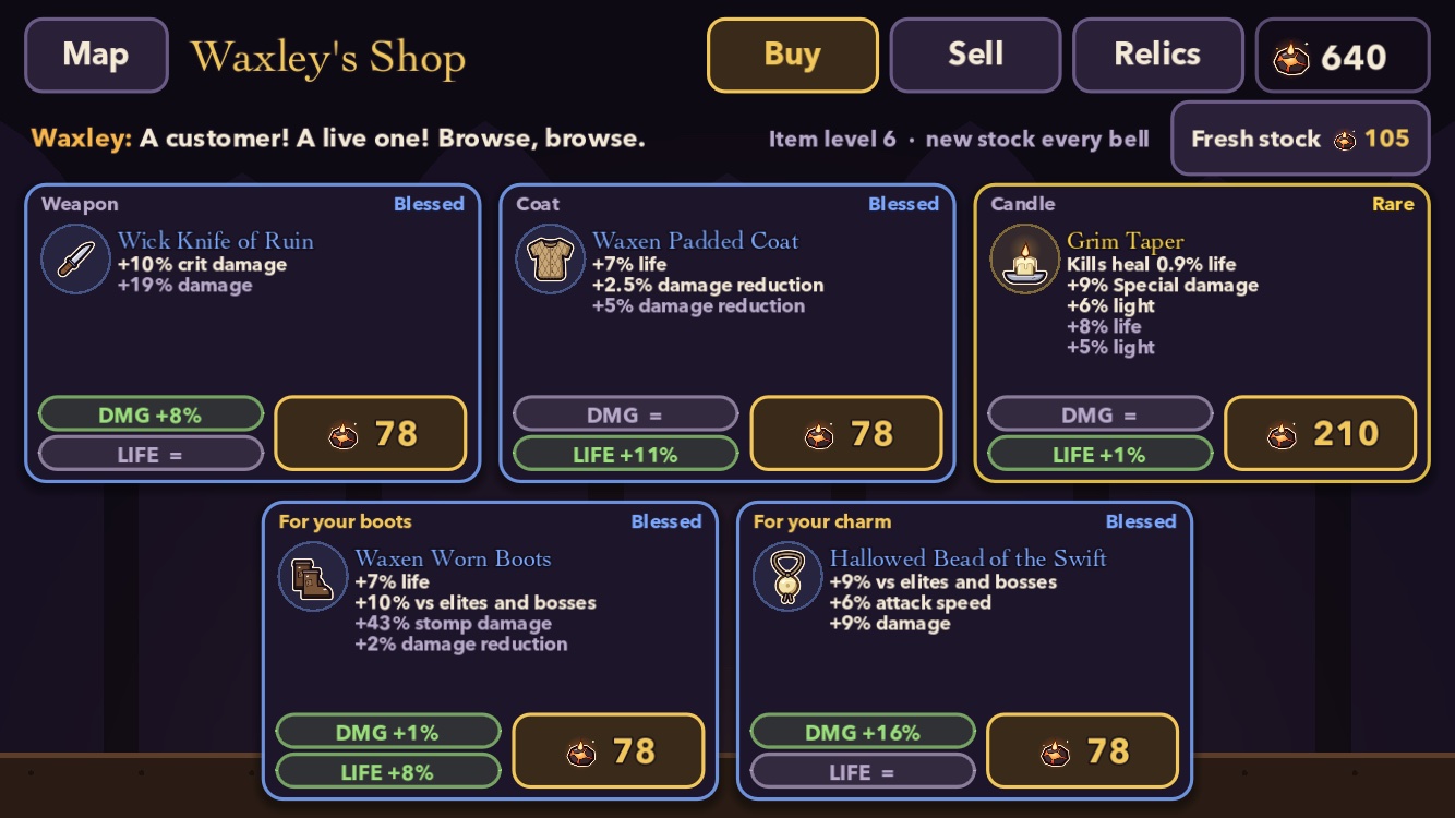 Waxley's Shop: five pieces of gear for sale, each with its stats and a price in embers.