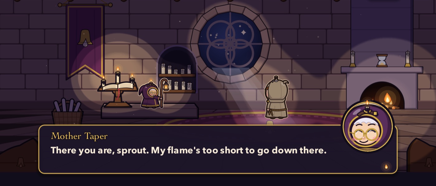 A story scene in a chapel: Mother Taper, an old keeper with a lantern, says: There you are, sprout. My flame's too short to go down there.