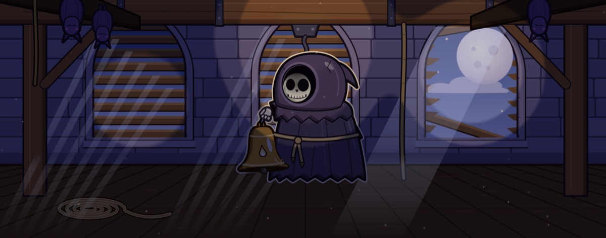 A belfry with a hooded skeleton holding a bell.